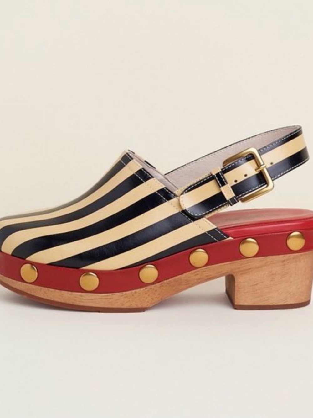 Charlotte Stone Cream & Black Striped Slingback Clogs Red Leather Gold Studs - Picture 8 of 8
